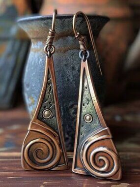 Boho Chic Aged Copper Earrings Triangular with Spiral Design & Inlaid Enamel